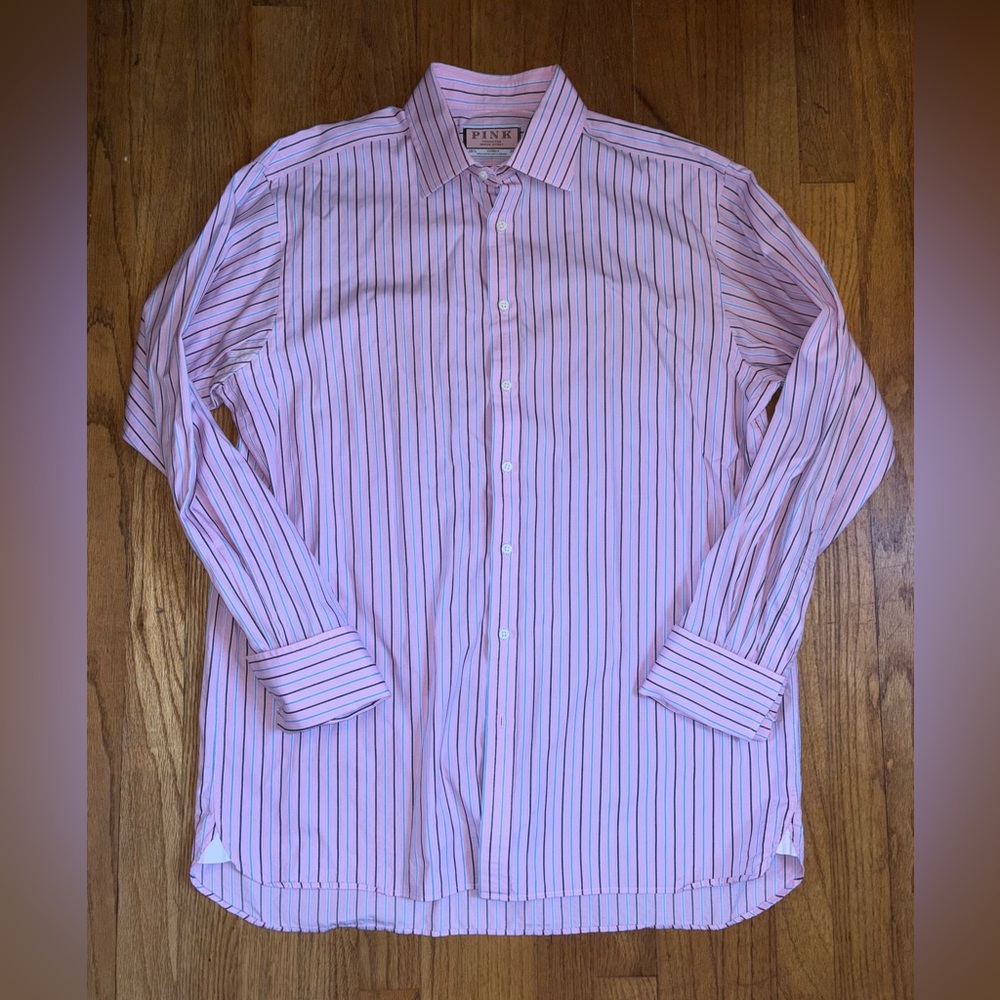 Thomas Pink Men's Dress Shirt, Pink with Stripes